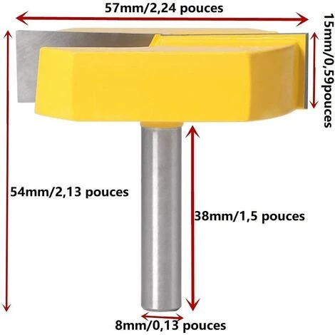 LONGZIMING Fraise Defonceuse 8mm, Fraise Rabotage De Surface De Nettoyage De Fond, T-Track Routeur à Rainure En T Forme Routeur Bits, 8x57mm En Bas, Lame Jaune – Image 2