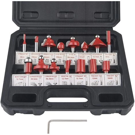 LEDMOMO Fraises Defonceuse 6.35mm. Coffret De 15 Fraises Tige De 6.35mm 1/4", Coupe-outils Pour Travail Bois à Pointe En Carbure De Tungstène, Tige Forets En Acier Forgé