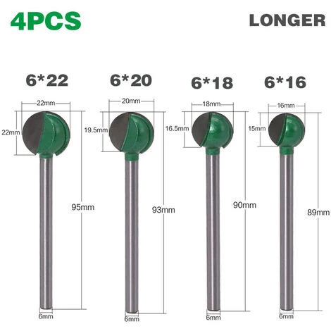 CHANCEY 4Pcs 6mm Tige 16/18/ 20/ 22mm Alliage D'acier Tungstène Lame Bille Routeur Bûcheron, Fraise à Fond Rond Bois Fraise à Rainurer Pour Défonceuse Outil De Coupe Bit De Routeur,SEMAket – Image 2