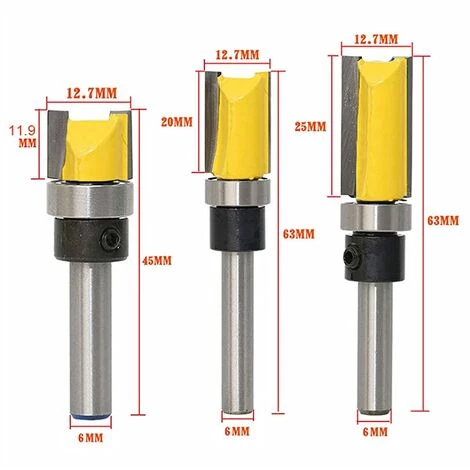 HEGUYEY Pour Affleurer Droite Carbure,Lot De 3 Fraises à Affleurer Avec Tige De 6 Mm, Fraise à Rainurer, Fraise à Bois, Alliage De Mèche De Routeur De Garniture Affleurante Pour La Maison â Image 2