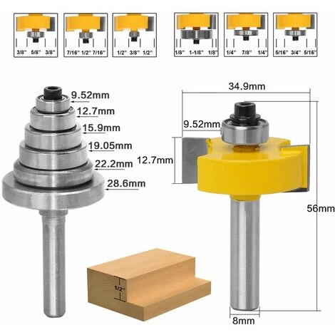 8mm Fraise De Défonceuse à Feuillure Routeur , Bit Avec 6 Ensemble Roulements Pour Plusieurs Profondeurs 28,6 Mm, 22,2 Mm, 19,05 Mm, 15,9 Mm, 12,7 Mm, 9,52 Mm Outil De Menuiserie,1 Jeu 56Vingt â Image 2