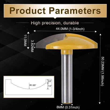 MèREÉTERNEL Fraise Horizontale Pour Toupie, Fraise Pour Chape, Petite Toupie Avec Tige De 8mm (tige De 8mm, Largeur De 1-3/4", Rayon De 1.65") Ternel â Image 2