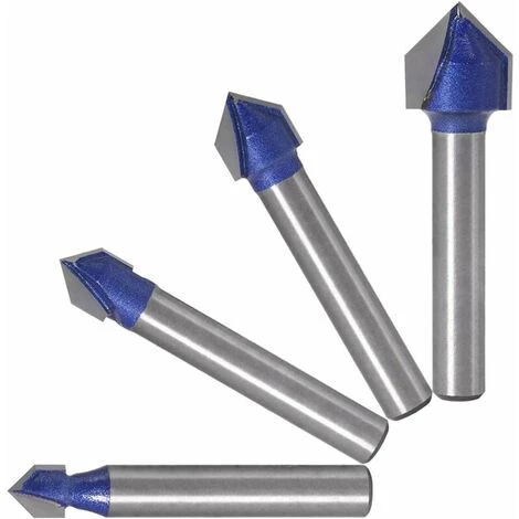 FLETéçA 4pcs 6.35mm Tige 90°V Groove Routeur Bits Fraisage Du Bois 6.35mm, 7.94mm, 9.52mm, 12.7mm Fraise à Rainurer Bits En Forme V, Outil De Coupe Du Bois Bleu