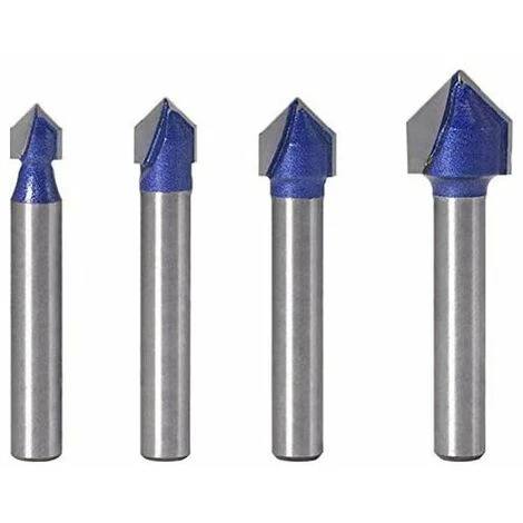 FLETéçA 4pcs 6.35mm Tige 90°V Groove Routeur Bits Fraisage Du Bois 6.35mm, 7.94mm, 9.52mm, 12.7mm Fraise à Rainurer Bits En Forme V, Outil De Coupe Du Bois Bleu – Image 2