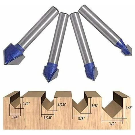 FLETéçA 4pcs 6.35mm Tige 90°V Groove Routeur Bits Fraisage Du Bois 6.35mm, 7.94mm, 9.52mm, 12.7mm Fraise à Rainurer Bits En Forme V, Outil De Coupe Du Bois Bleu – Image 3