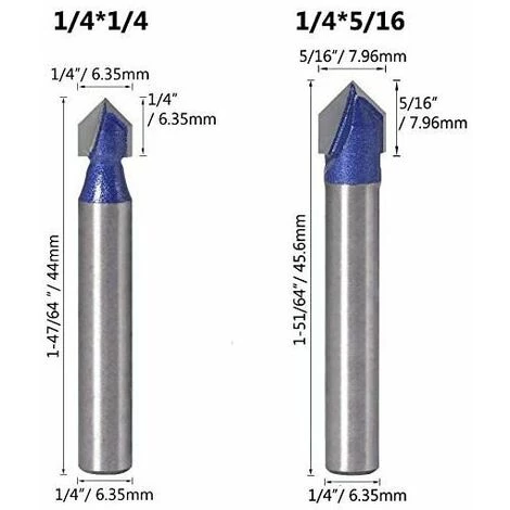 FLETéçA 4pcs 6.35mm Tige 90°V Groove Routeur Bits Fraisage Du Bois 6.35mm, 7.94mm, 9.52mm, 12.7mm Fraise à Rainurer Bits En Forme V, Outil De Coupe Du Bois Bleu – Image 4