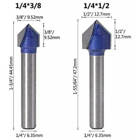 FLETéçA 4pcs 6.35mm Tige 90°V Groove Routeur Bits Fraisage Du Bois 6.35mm, 7.94mm, 9.52mm, 12.7mm Fraise à Rainurer Bits En Forme V, Outil De Coupe Du Bois Bleu – Image 5