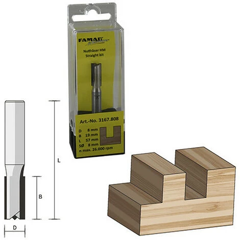 FAMAG Fraise à Rainurer Droite Avec Pointe De Centrage D. 10 Mm Ht. 30 Mm Lt. 90 Mm Queue De 8 Mm